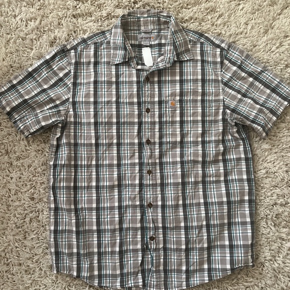 Carhartt Men's Button Down Relaxed Fit Short Sleeve Grey/Teal Plaid Shirt Size L - Picture 1 of 4